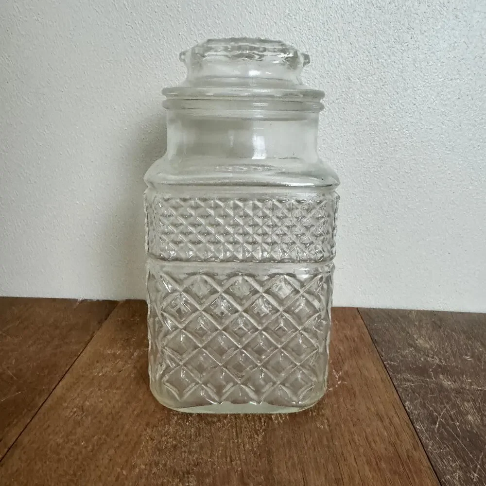 Vintage Clear Pressed Glass Diamond Point Square Apothecary Jar Canister Lid‎